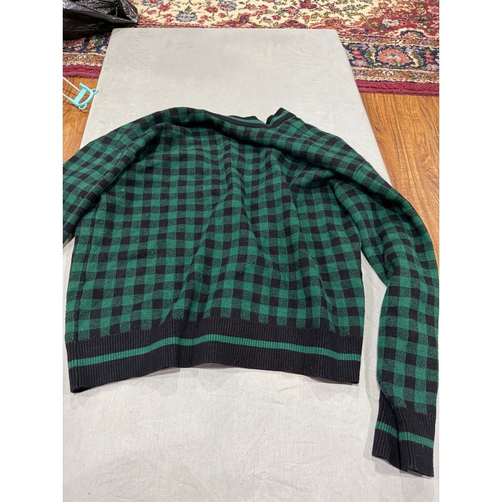 Grunge Womens Marled Plaid V-Neck Cardigan Sweater M Green Black